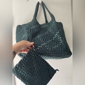 PARKER & HYDE DEEP TEAL GREEN LG WOVEN TOTE HOBO BAGE W/ TRAVEL POUCH WRISTLET